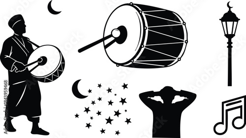 Silhouette vector side angle drummer beating large bass drum under crescent moon with scattered stars and vintage street lamp nearby silhouetted person covering ears during ramadan