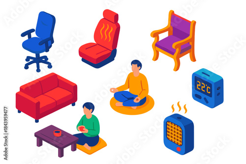 Comfort Design Icons. Isometric vector illustration set Comfort: ergonomic chairs, heated seating, ancient furniture designs,