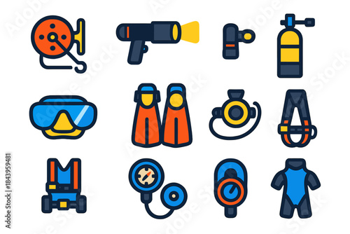 Cave Diving Gear Icons. Flat vector icons of Cave Diving Equipment: guideline reel, primary dive light, backup light, diving mask,