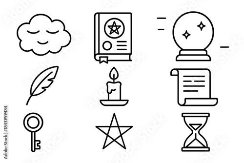 Ancient Divination Icons. Line style icons of Ancient Divination: Dream Reading, Symbol Guide, Old Text, Future Vision; Crystal