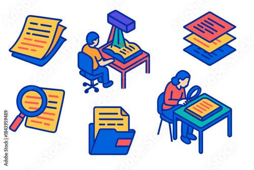 Palimpsest Study Icons. Isometric vector illustration set Palimpsest studies: manuscript folios, multispectral imaging, text