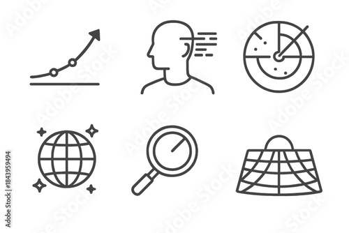 Futuristic Icons Collection. Line style icons of Futurism Concepts: future timeline curve, human with digital horizon, innovation