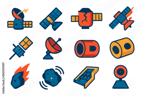 Defunct Satellite Icons. Flat vector icons of Defunct Satellites: broken antenna, tilted solar panel, cracked body, deorbited