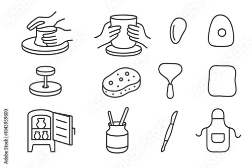 Traditional Pottery Icons. Line style icons of Traditional Pottery: Centering Clay, Raising Wall, Shaping, Rib Tool; Potter’s
