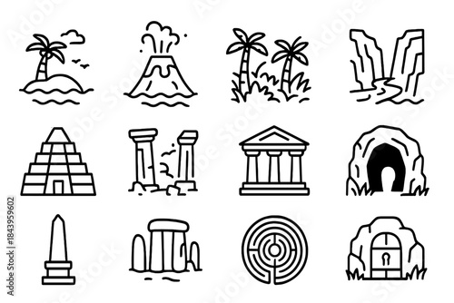 Mysterious Land Icons. Line style icons of mysterious lands: island, volcano, jungle, canyon; pyramid, ruins, temple, cave;