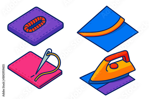 Fine Tailoring Details. Isometric vector illustration set Fine Tailoring Details: Hand-sewn buttonhole, bias-taped edge, invisible