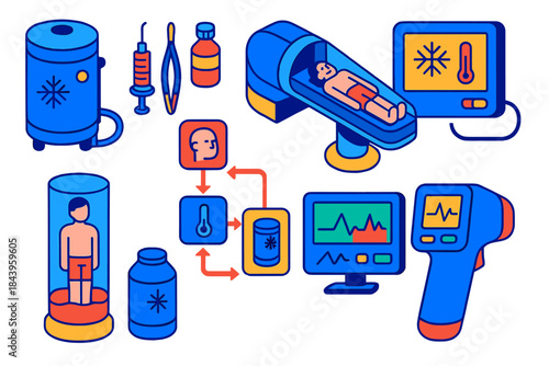 Cryonics Protocol Icons. Isometric vector illustration set Cryonics protocol: cryogenic storage tanks, patient preparation tools,