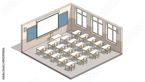 Isometric classroom design with desks and projector screen in modern style