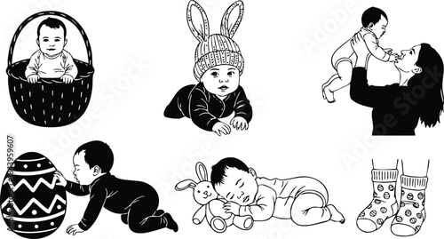 Line art vintage baby icons set with baby in basket baby wearing bunny ears mother holding infant crawling near decorated egg sleeping baby and patterned socks
