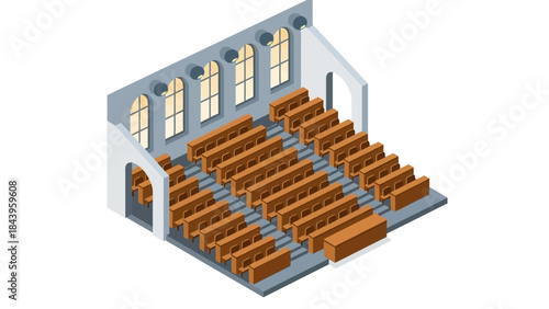 Isometric church interior with wooden pews and arched windows