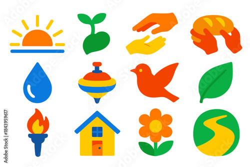 Hopeful Icon Symbols. Flat vector icons of Signs of Hope: sunrise horizon, sprouting seed, helping hand, shared bread, water