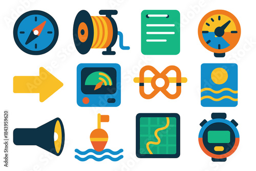 Underwater Navigation Icons. Flat vector icons of Underwater Navigation: compass, reel line, navigation slate, depth gauge,