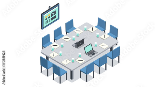 Modern isometric conference room with technology and office supplies