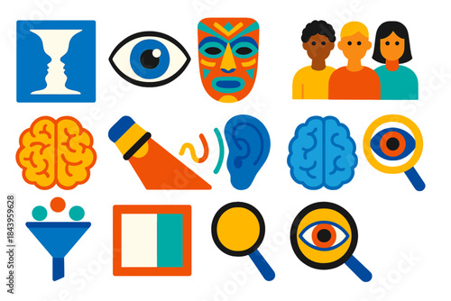Cultural Perception Icons. Flat vector icons of cultural influences on perception: optical illusion, eye, cultural artifact,