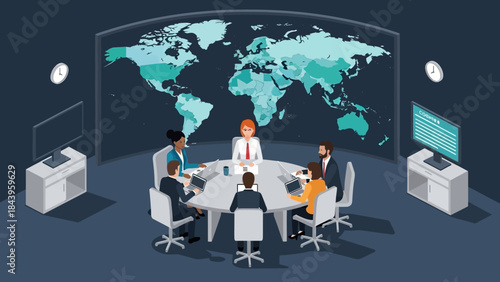 Global business meeting in modern conference room with world map