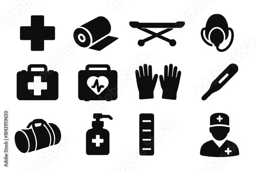 First Aid Icons. Solid style icons of first aid readiness: medical cross, bandage roll, stretcher, oxygen mask, trauma kit,