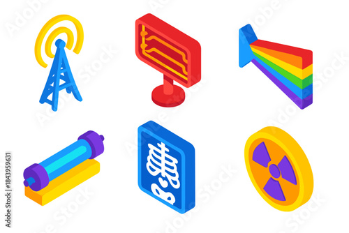 Electromagnetic Spectrum Icons. Isometric vector illustration set Electromagnetic Spectrum: radio wave antenna, infrared heater,