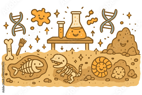 Happy Prehistoric Lab Scene. Joyful doodle prehistoric lab reconstruction with happy fossils, cartoon proteins floating, smiling