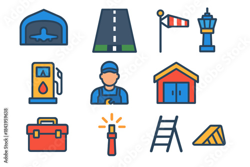 Airfield Icons Set. Flat vector icons of Airfield Scenes: hangar, runway, control tower, fuel pump, windsock, maintenance shed,