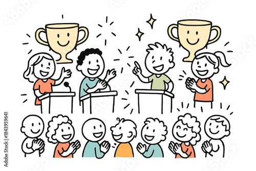 Playful Debate Doodle. Playful doodle competitive debate scene with cheerful teams, smiling trophies in the background, cartoon