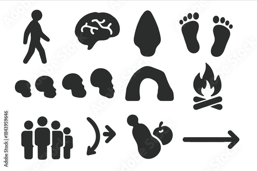 Human Evolution Icons. Solid style icons of Human evolution: upright figure, brain outline, jawbone, walking footprints, skull