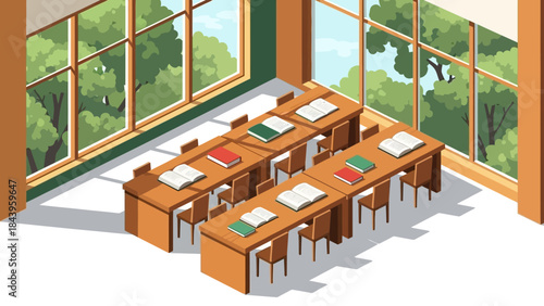 Isometric library reading room with sunlit tables and open books