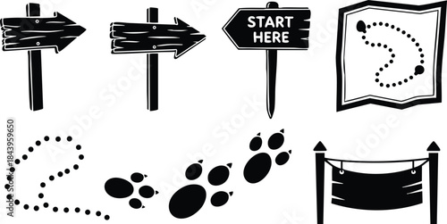 Hand drawn ink sketch vector signpost set with start here wooden sign map dotted trail paw prints directional arrows roped banner isolated black and white icons