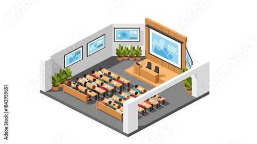 Modern isometric conference room with audience and presentation setup