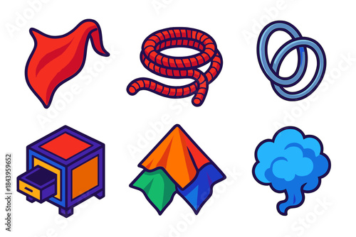 Magic Props Icons. Isometric vector illustration set Props of Illusion: silk scarf, magic rope, linking rings, disappearing box,