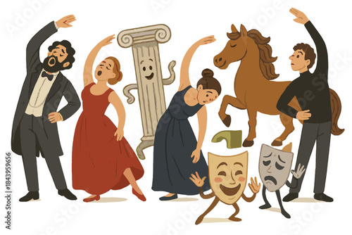 Playful Opera Rehearsal. Opera rehearsal with singers stretching, stage props dancing, and playful masks practicing expressions No
