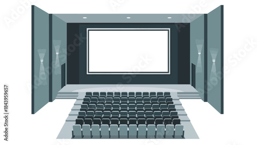 Minimalist digital cinema hall with empty seats and large screen
