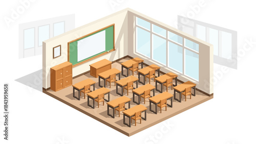 Isometric classroom design with desks and chalkboard in modern interior setting