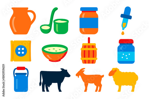 Dairy Ingredient Icons. Flat vector icons of Dairy Ingredients: milk jug, cream ladle, buttermilk jar, rennet dropper, culture