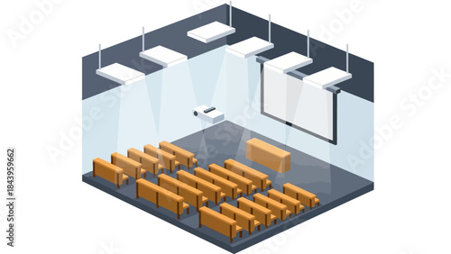 Modern isometric conference room with projector and seating