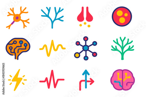 Neural Connections Icons. Flat vector icons of Neural Connections: neuron, dendrite, synapse, neurotransmitter bubble, brain