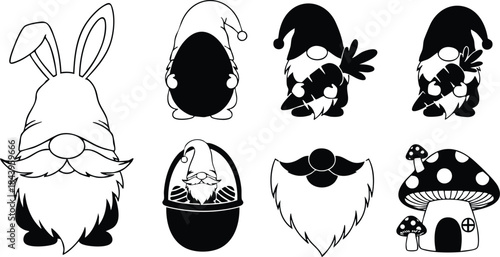 Line art close up set of easter gnome icons with bunny ears holding egg and mushroom house bearded faces wearing hats isolated vector icons black white