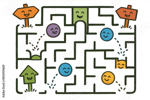 Playful Heuristic Maze. Playful heuristic maze with shortcuts, giggling signposts, bouncing balls of intuition, and smiling