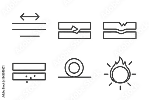 Icons of Wear Mechanisms. Line style icons of Friction and Wear Mechanisms: sliding surface, material transfer, scuffing mark,