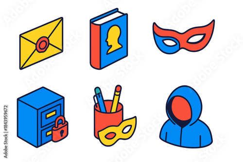 Icons of Anonymity. Isometric vector illustration set History of anonymity: secret letters, pseudonymous books, masked balls,