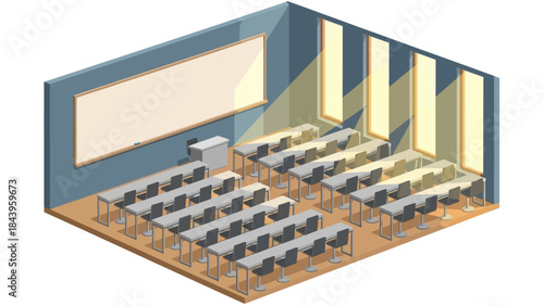 Modern classroom with rows of desks and sunlit windows in isometric view