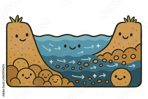 Cheerful River Cross-Section. Friendly doodle river cross-section illustration with happy water layers, cartoon sediment grains,