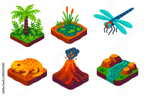 Prehistoric Ecosystem Icons. Isometric vector illustration set Prehistoric Ecosystems: fern forest, swamp landscape, giant