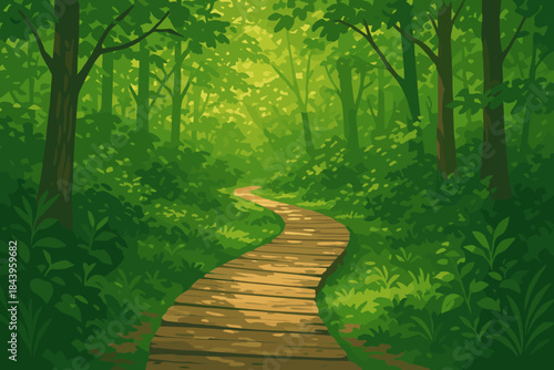 Serene Forest Pathway. Rustic wooden path winding through a lush green forest, dappled sunlight vector illustration filtering