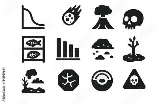Mass Extinction Icons. Solid style icons of mass extinction research: extinction curve chart, catastrophic impact, volcanic plume,