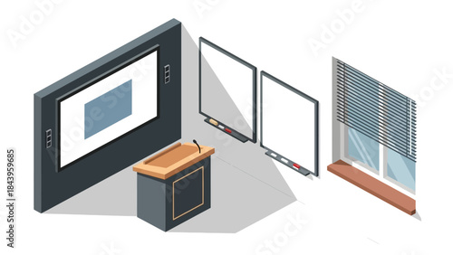 Isometric office presentation setup with podium and whiteboards