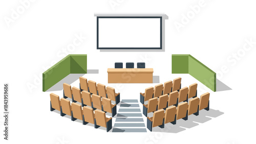 Modern lecture hall with tiered seating in isometric style