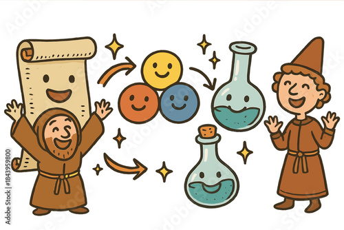 Medieval Alchemy Playfulness. Playful doodle medieval paint recipe illustration with happy alchemists, cartoon scrolls and flasks