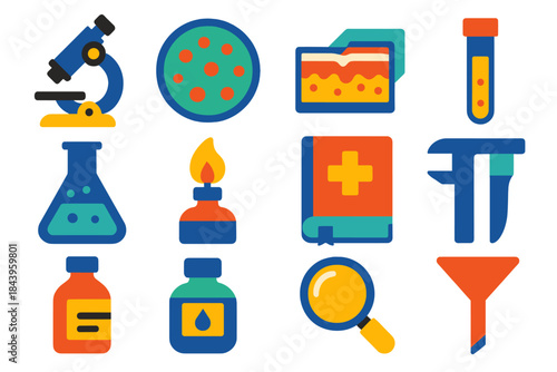 Dermatology Research Icons. Flat vector icons of Dermatology Research: microscope, Petri dish, skin sample slide, test tube,