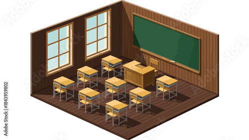 Isometric classroom design with wooden desks and chalkboard in a rustic interior