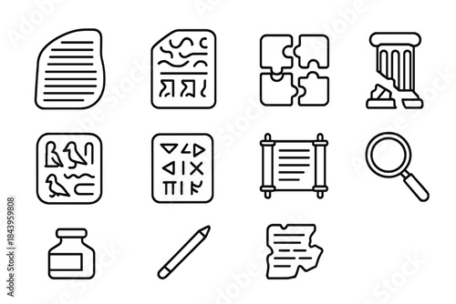 Decipherment Icons Collection. Line style icons of Decipherment Studies: Rosetta Stone, Undeciphered Script, Linguistic Puzzle,